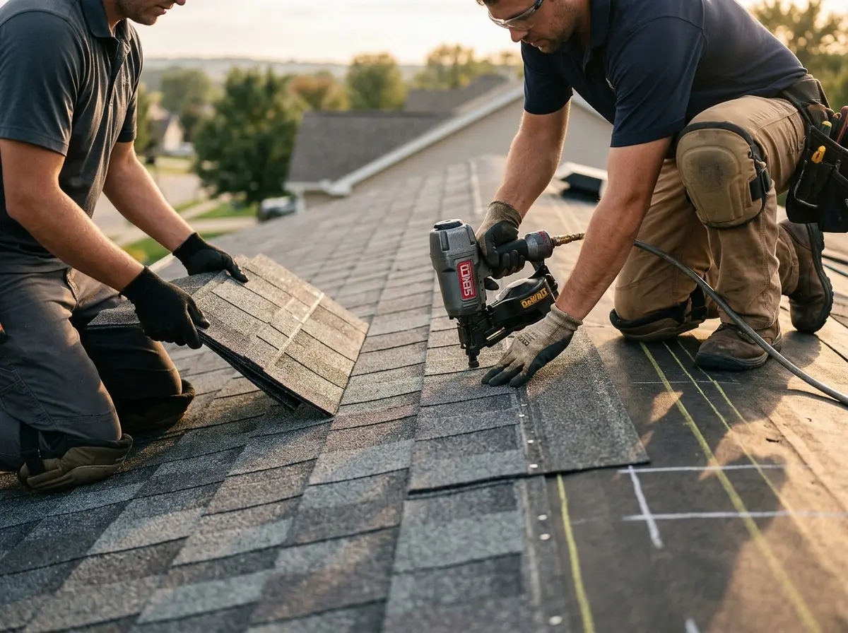 Professional roofer working on a residential roof in Taylor